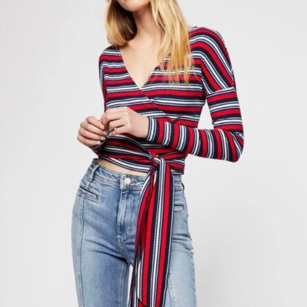 Free People Always With Me Wrap Tie Long Sleeve Crop Top - Large